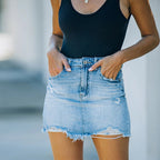 Damen Vintage Denimrock mit hohem Bund und ausgefranstem Saum R&B