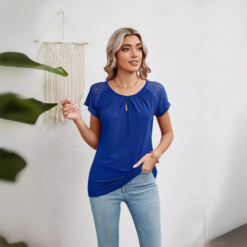 Damen Kurzarm-Bluse mit Spitzenärmeln R&B