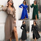Damen Maxikleid mit Volant und Gürtel R&B