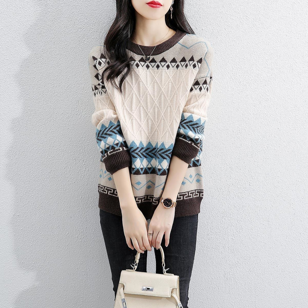 Damen Grob gestrickter Pullover mit geometrischem Muster und Rundhalsausschnitt R&B