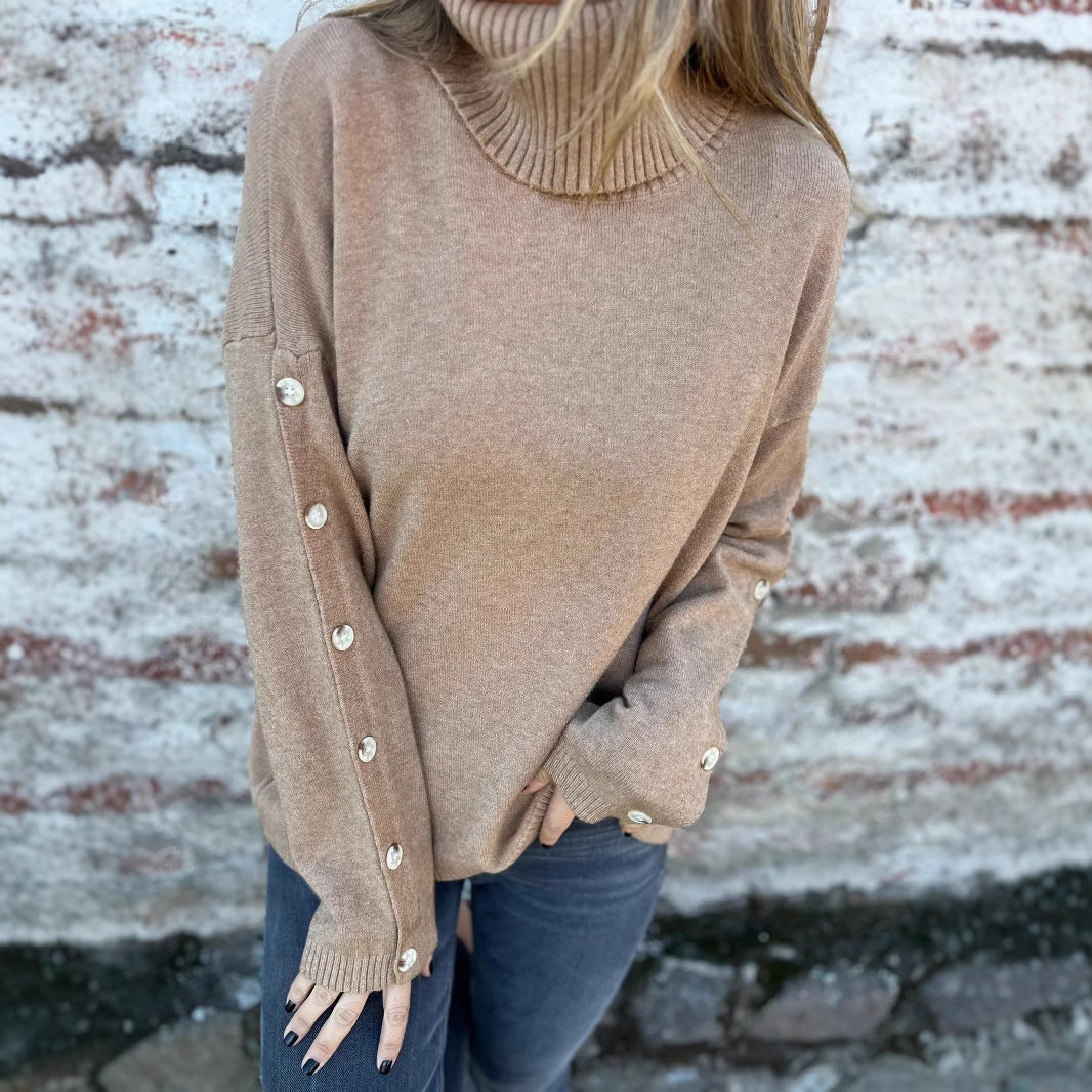 Damen weicher Rollkragenpullover mit modischen Knopfdetails R&B