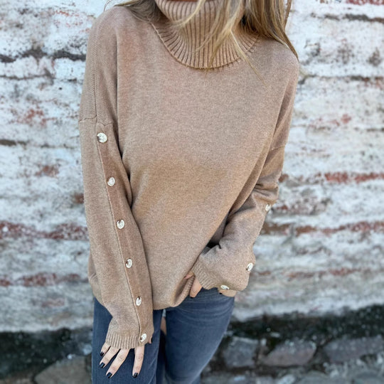Damen weicher Rollkragenpullover mit modischen Knopfdetails R&B