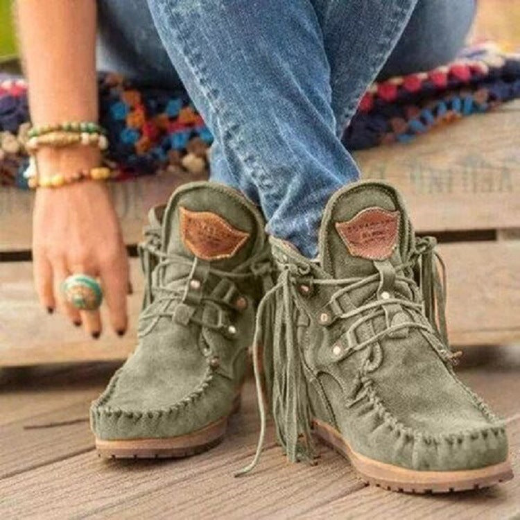 Damen Mokassinstiefel mit modischen Fransen und dekorativen Nähte R&B