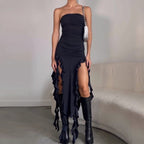 Damen schulterfreies Maxikleid mit asymmetrischen Rüschen und aufregenden Schlitzen R&B
