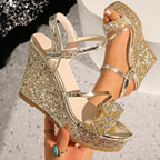Damen Glamouröse Wedge-Sandalen mit glitzernden Riemen und verstellbarem Verschluss R&B