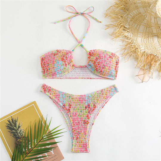 Damen Bandeau-Bikini mit verspieltem Wickeldetail und buntem Design R&B