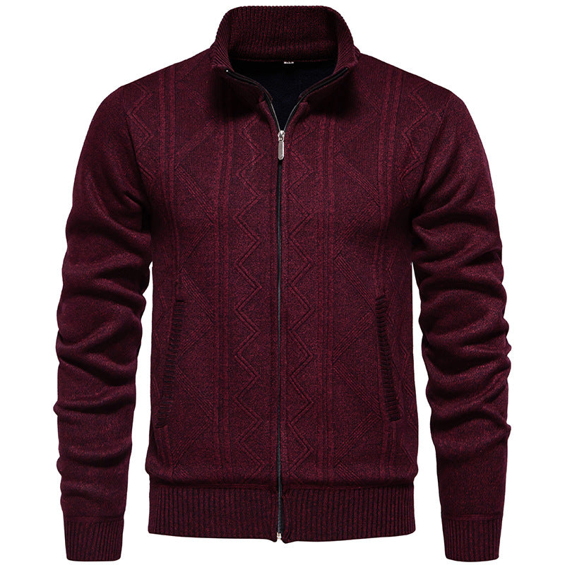 Herren Strickjacke mit Zopfmuster und hohem Stehkragen R&B