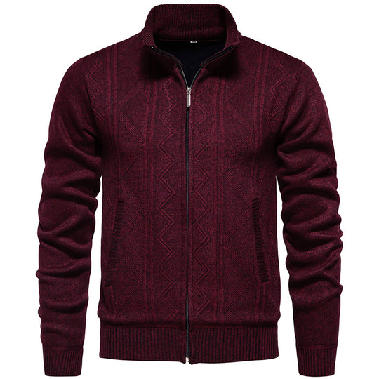 Herren Strickjacke mit Zopfmuster und hohem Stehkragen R&B