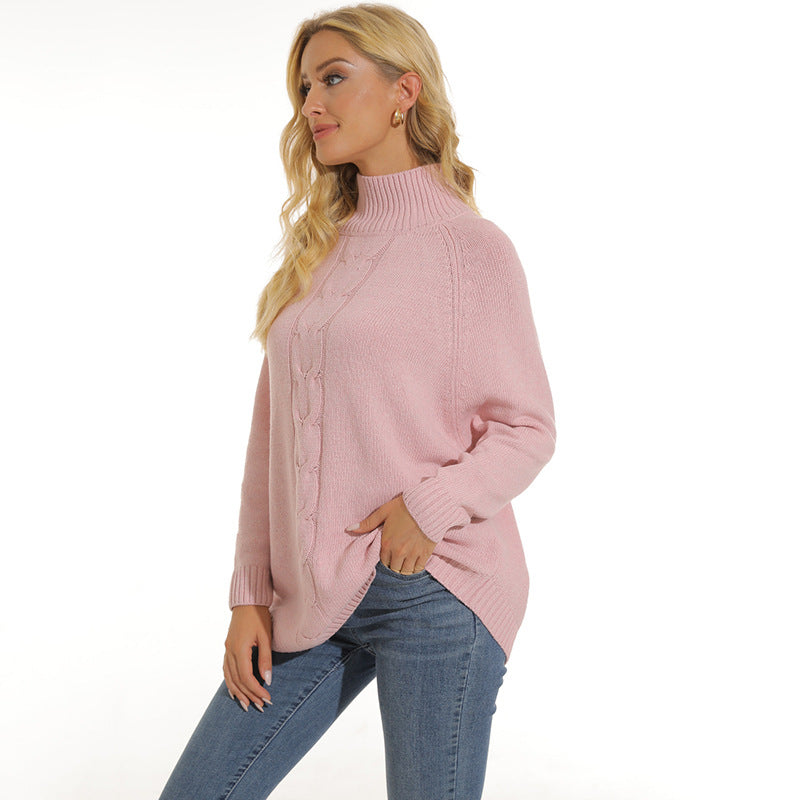 Damen gemütlicher Strickpullover mit hochgeschlossenem Kragen und modischem Zopfmuster R&B
