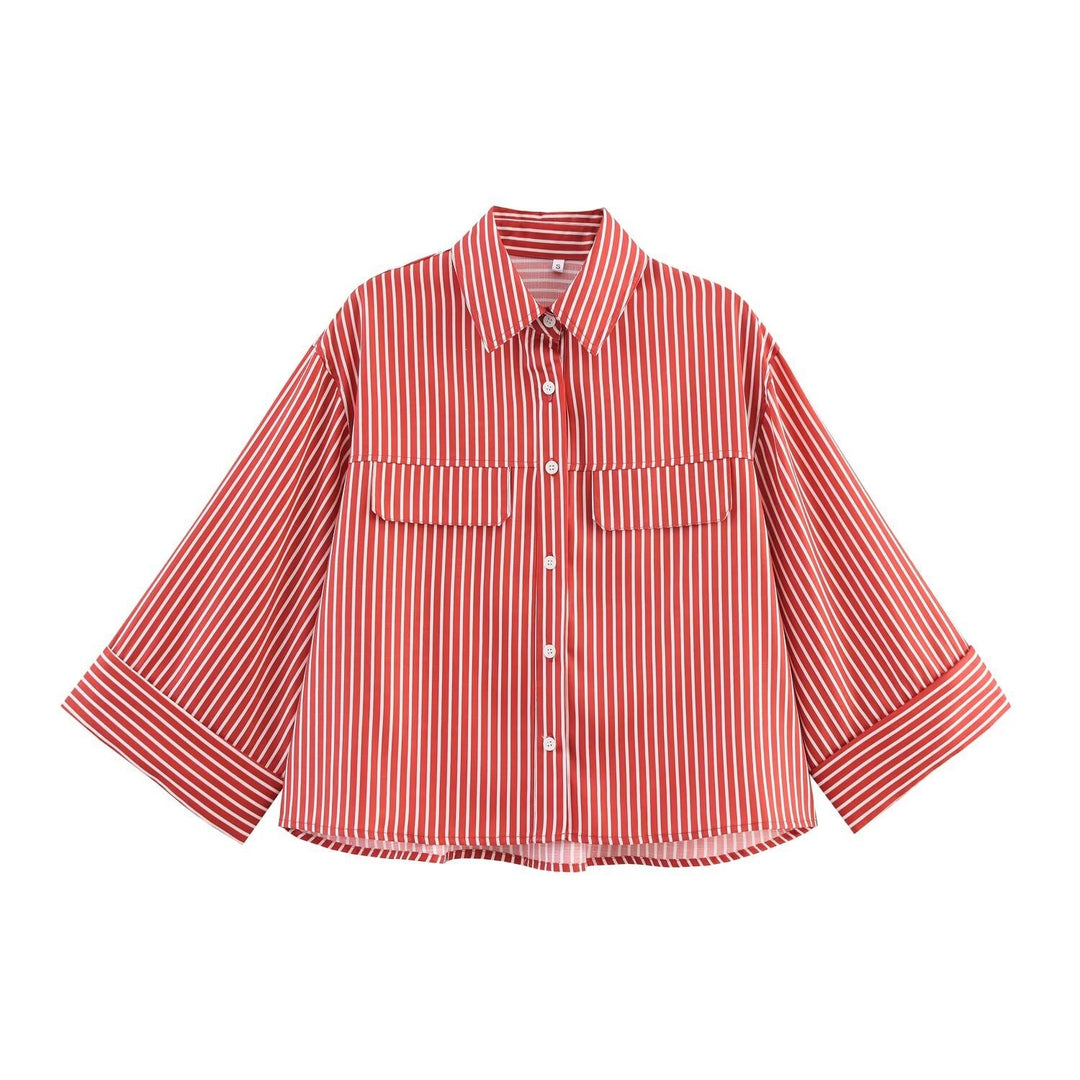 Damen gestreifte Bluse mit voluminösen Ärmeln und praktischen Taschen R&B