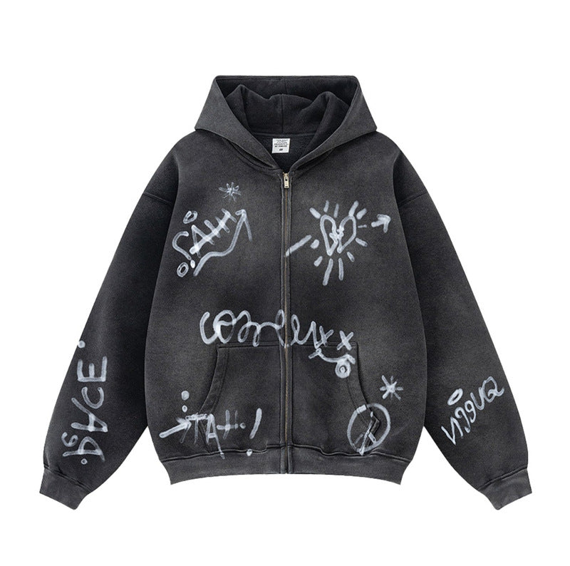 Unisex nan oversized Kapuzenjacke mit durchgehendem Reißverschluss, gebürstetem Fleecefutter und handähnlichem Sprayprint R&B
