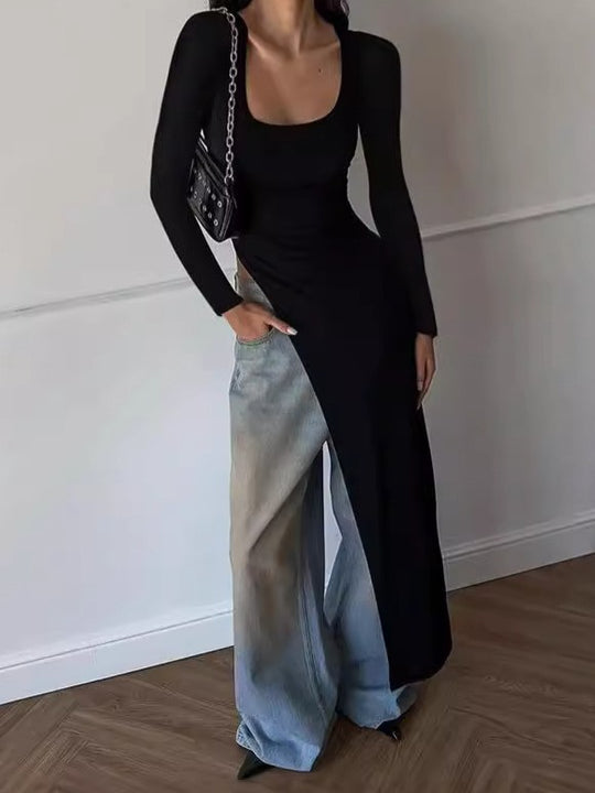 Damen Elegantes langärmliges Kleid mit asymmetrischem Saum R&B