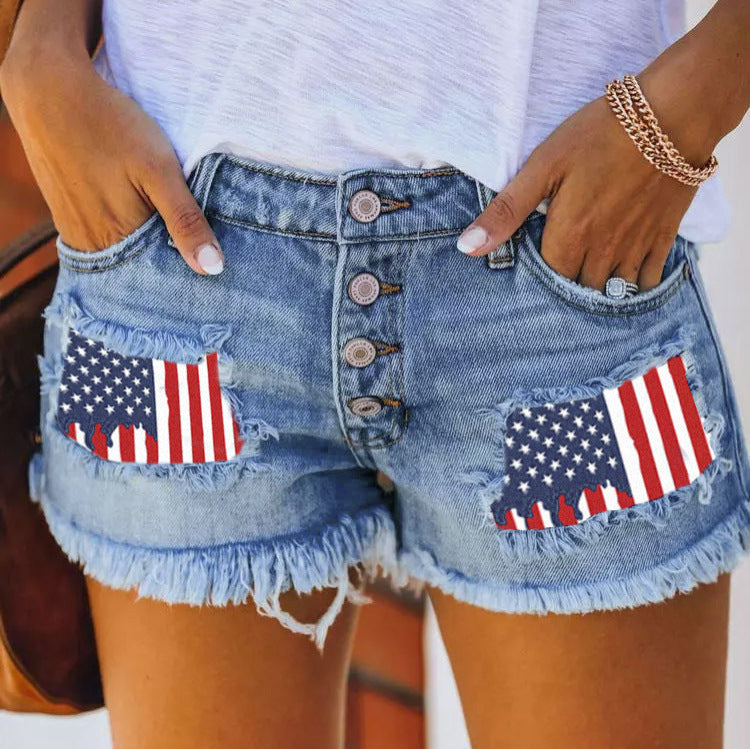 Damen Jeansshorts im Coolen USA-Design mit ausgefranstem Saum R&B