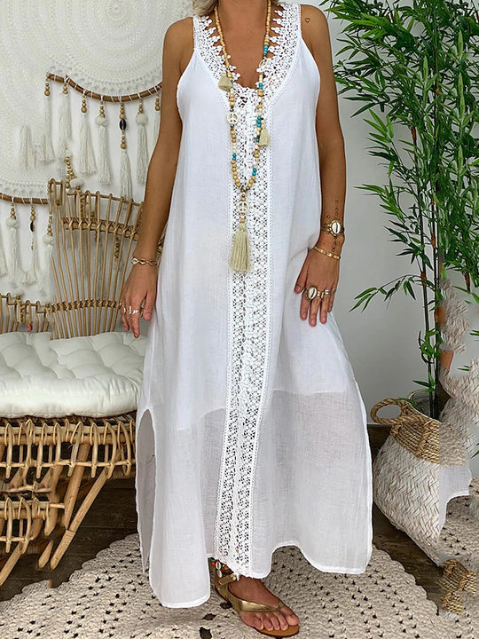 Damen Maxi-Strandkleid mit elegantem Spitzenbesatz und seitlichen Schlitzen R&B