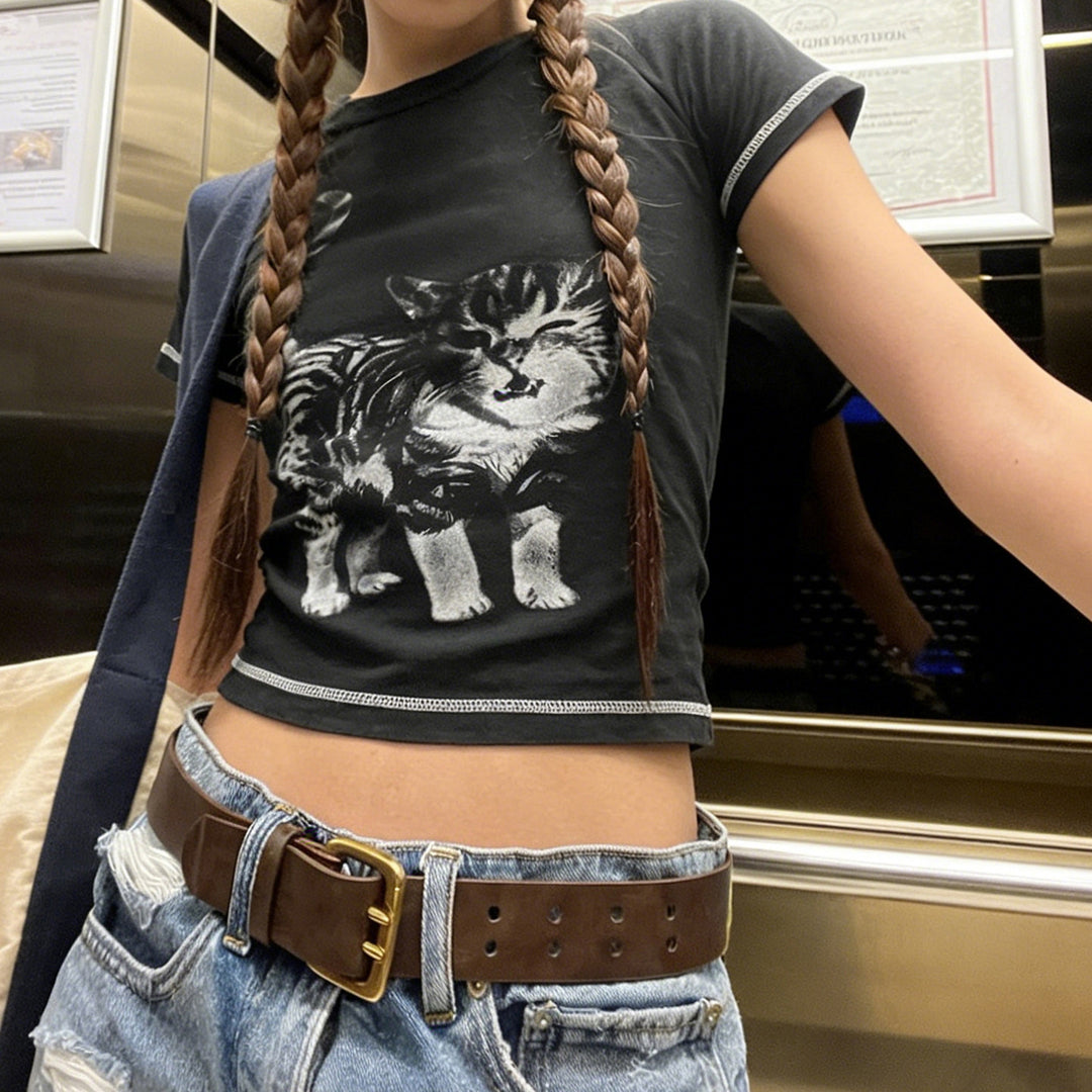 Damen T-Shirt mit kreativem Katzenmotiv und sportlichem Schnitt R&B