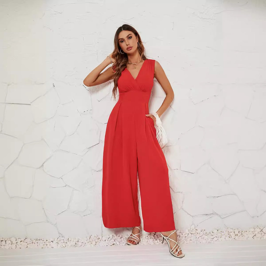 Damen Jumpsuit mit V-Ausschnitt und weitem Bein R&B