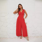 Damen Jumpsuit mit V-Ausschnitt und weitem Bein R&B