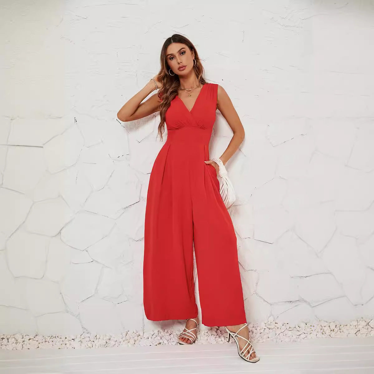 Damen Jumpsuit mit V-Ausschnitt und weitem Bein R&B