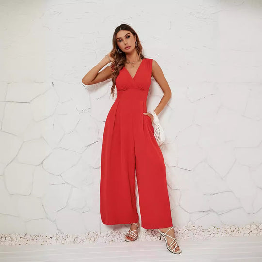 Damen Jumpsuit mit V-Ausschnitt und weitem Bein R&B
