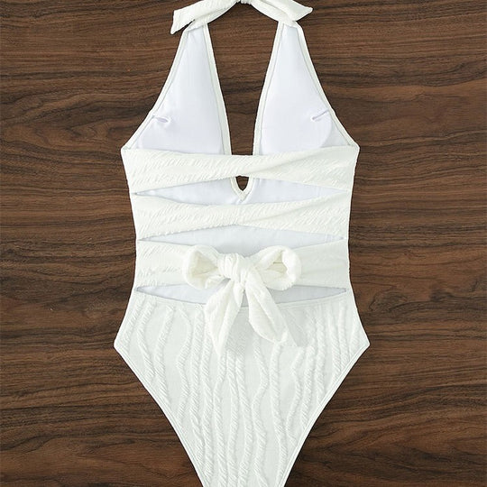 Damen hochgeschnittener Badeanzug mit tiefem V-Ausschnitt und strukturiertem Design R&B