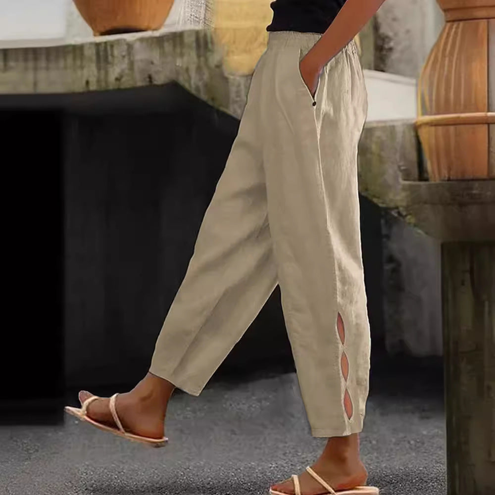Damen Leichte Leinenhose mit seitlichen Schlitzen und elastischem Bund R&B