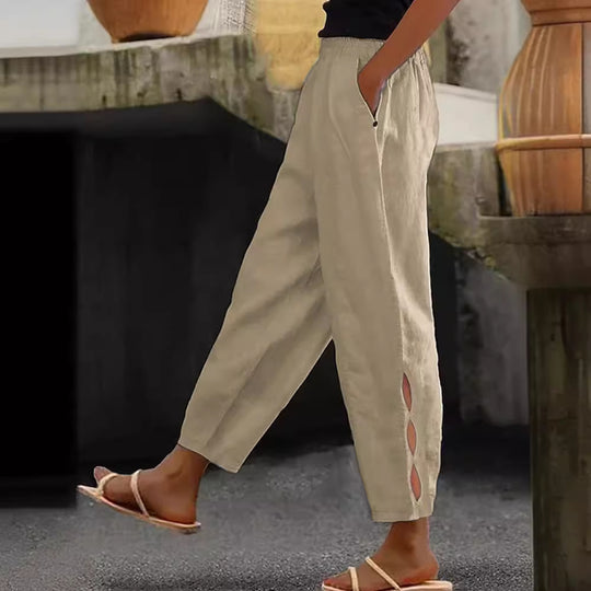 Damen Leichte Leinenhose mit seitlichen Schlitzen und elastischem Bund R&B