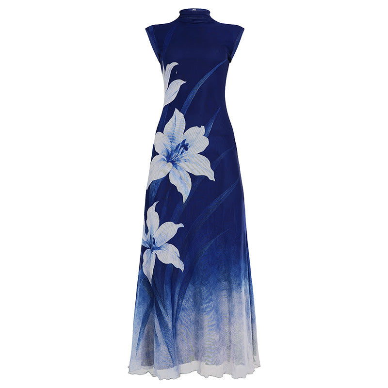 Damen Maxikleid mit floralem Design und elegantem Stehkragen R&B