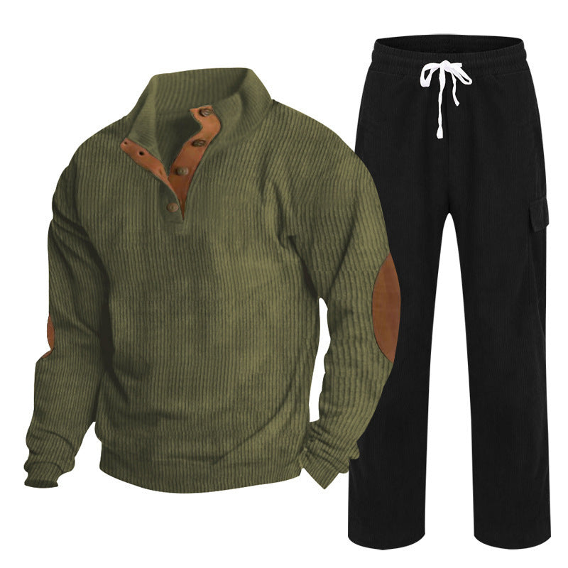 Herren nan strukturiertes Feinstrick-Halbknopf-Pullover und Feincord-Cargo-Zweiteiler R&B