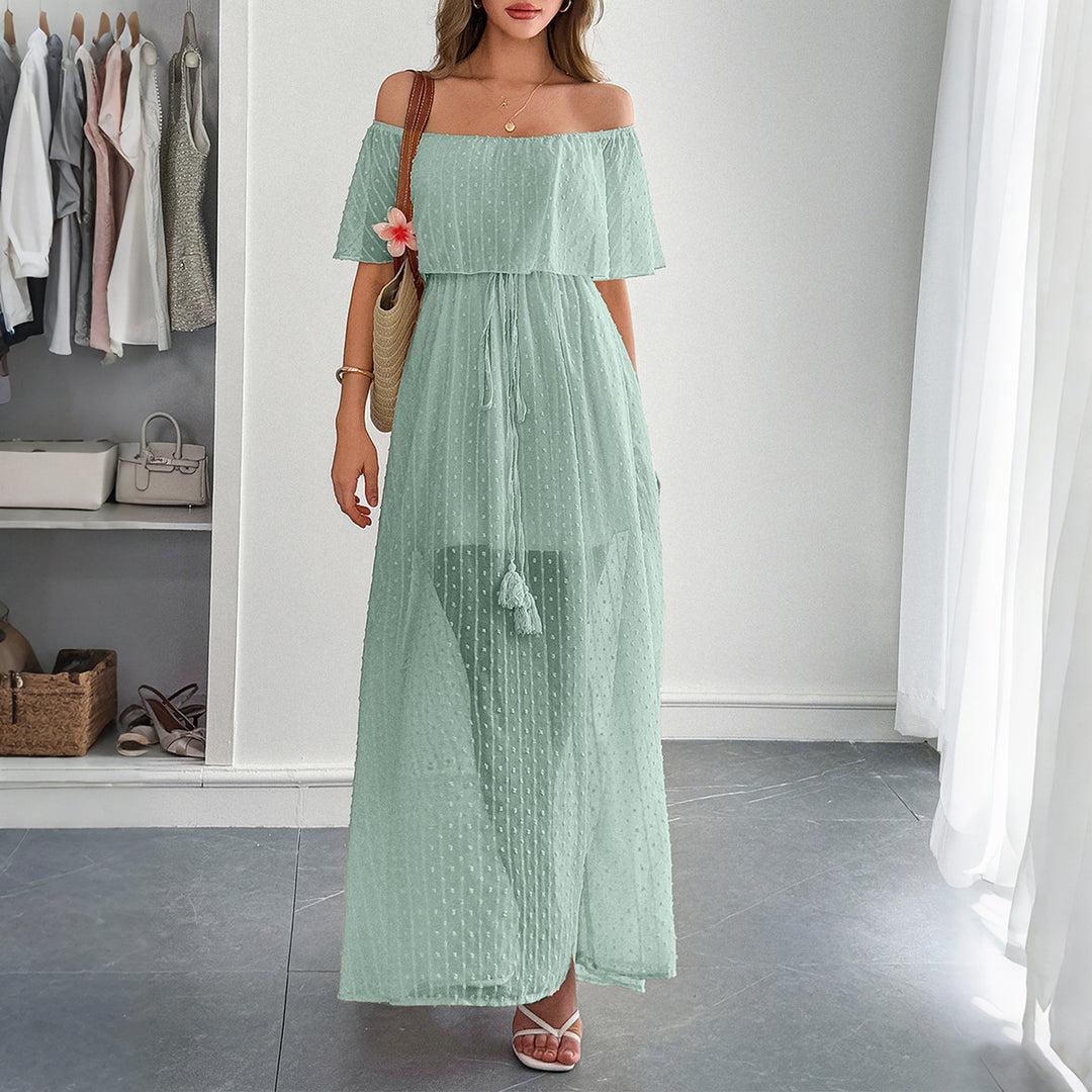 Damen Off-Shoulder Maxikleid mit feinem Punktedesign und Taillenbindung R&B