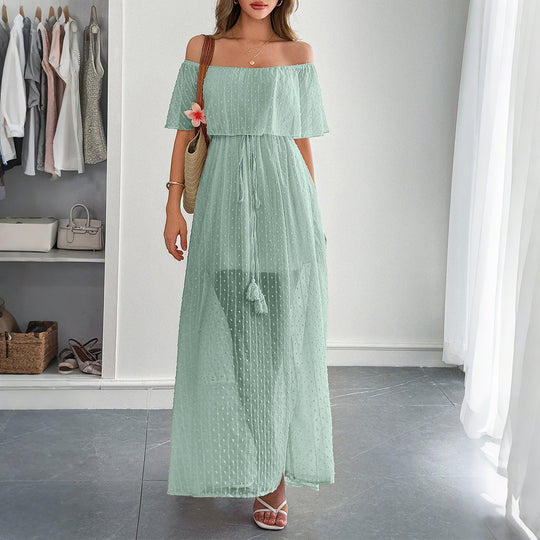 Damen Off-Shoulder Maxikleid mit feinem Punktedesign und Taillenbindung R&B
