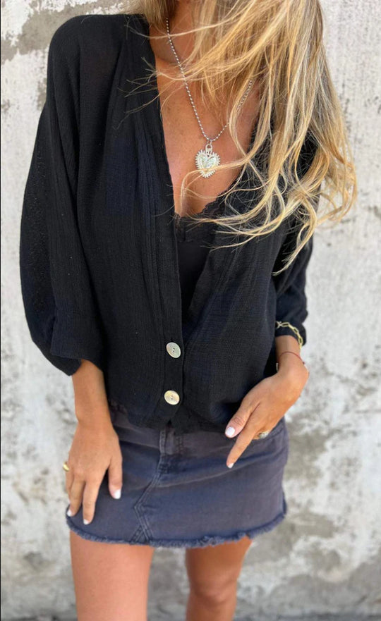 Damen luftige Bluse mit tiefem V-Ausschnitt und Knopfdetails R&B
