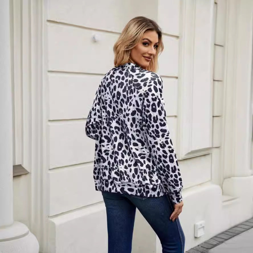 Damen modisches Oberteil mit Leopardenmuster und modernem Kragen R&B