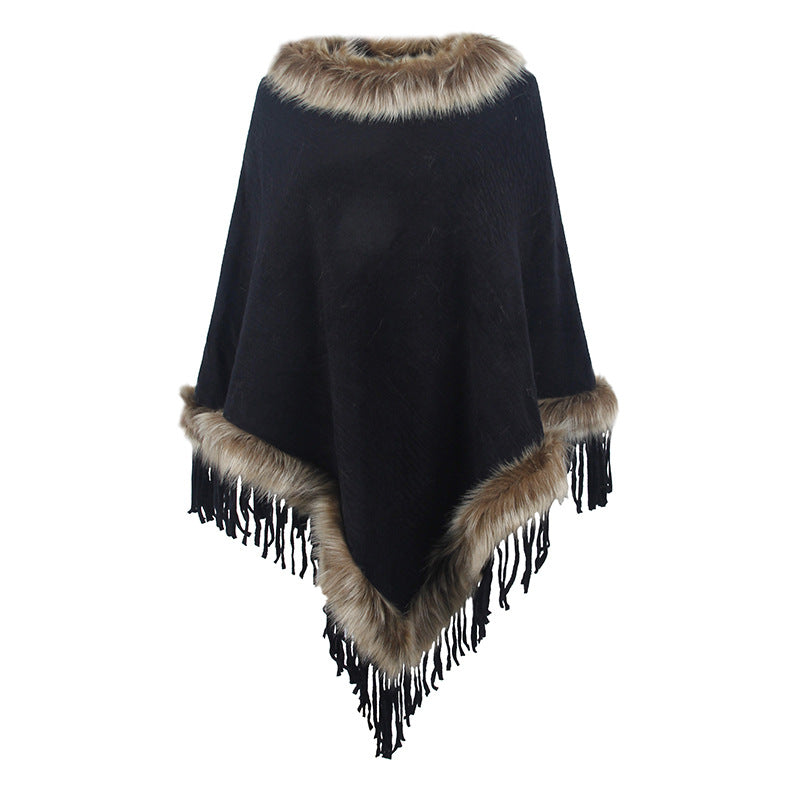 Damen eleganter Poncho mit luxuriösem Kunstfellkragen und dekadenten Fransen R&B