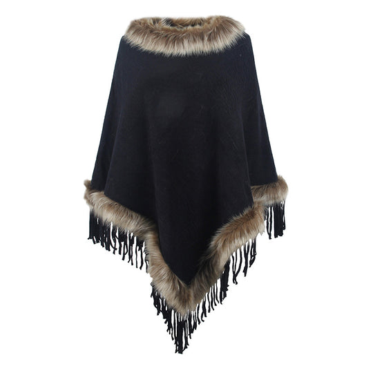 Damen eleganter Poncho mit luxuriösem Kunstfellkragen und dekadenten Fransen R&B