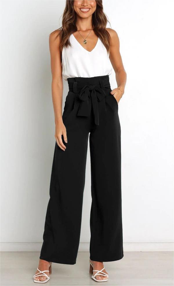 Damen Weit geschnittene High-Waist-Hose mit Binde-Gürtel und Taschen R&B