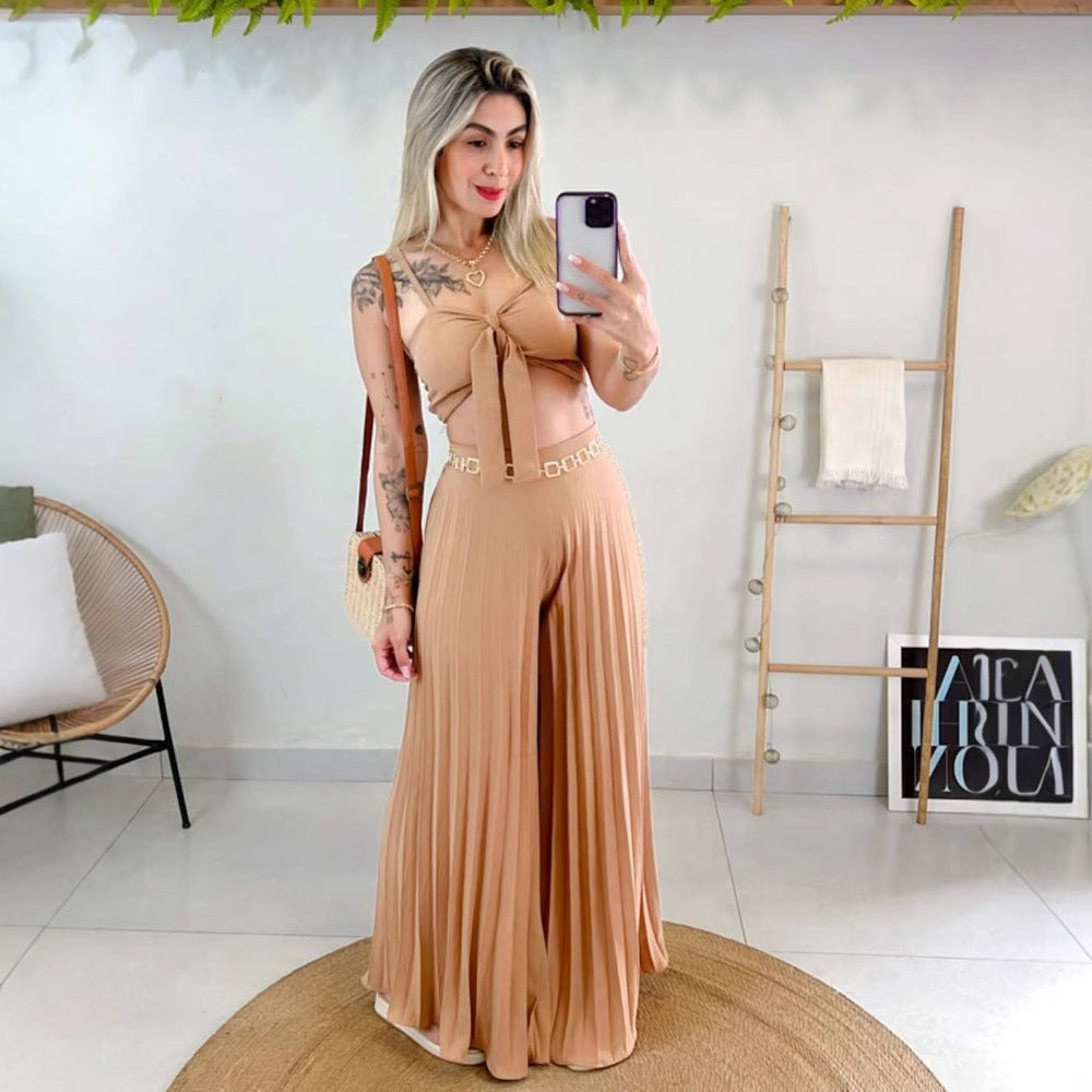 Damen Plissierte weite Hose mit Bindegürtel R&B