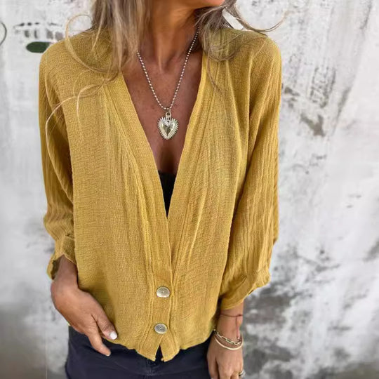 Damen luftige Bluse mit tiefem V-Ausschnitt und Knopfdetails R&B