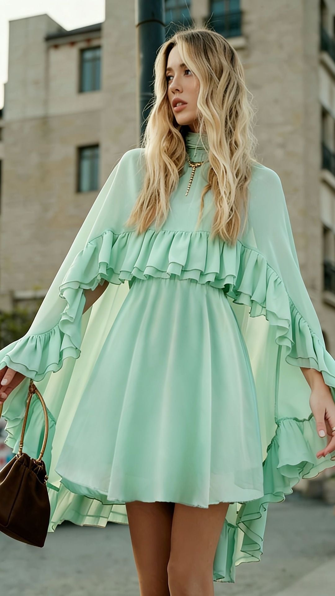Damen Elegantes Rüschendress mit hochgeschlossenem Ausschnitt und fließendem Schnitt R&B