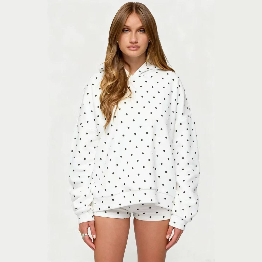 Damen nan gepunktetes Komfort-Set mit Kapuzensweatshirt, Kängurutasche und Shorts R&B
