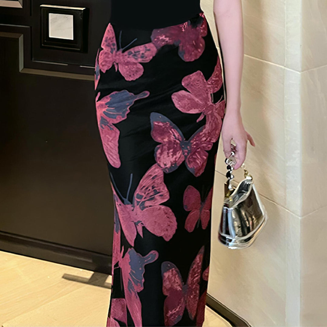 Damen Elegantes Maxikleid mit floralen Schmetterlingsmustern und transparentem Saum R&B