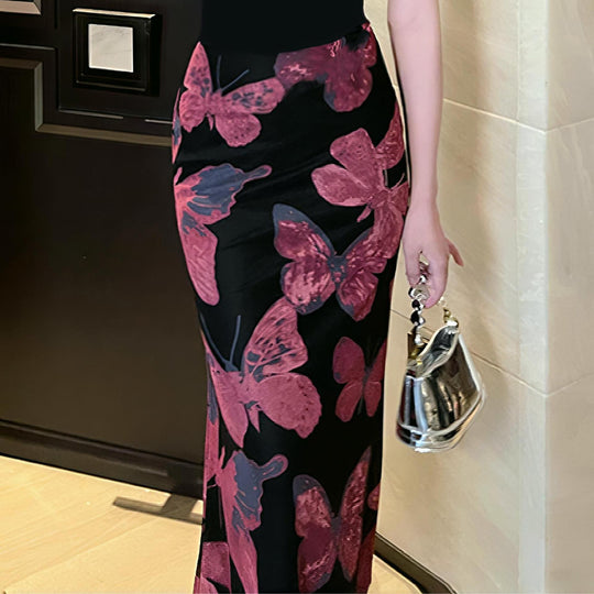 Damen Elegantes Maxikleid mit floralen Schmetterlingsmustern und transparentem Saum R&B