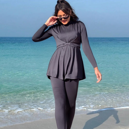 Damen modischer Longsleeve-Badeanzug mit Wickelrock R&B