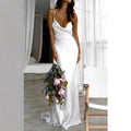 Damen Elegantes Satin-Hochzeitskleid mit tiefem V-Ausschnitt und schmalen Spaghettiträgern EB