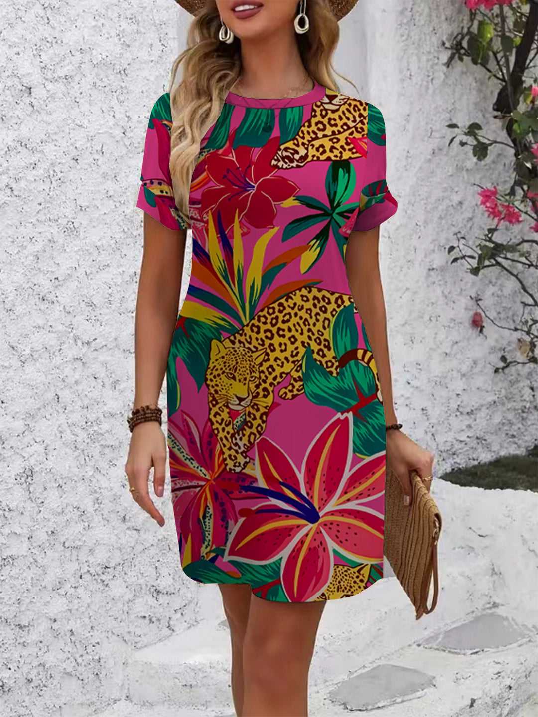 Damen lässiges Kurzarmkleid mit kreativem geometrischen Muster R&B