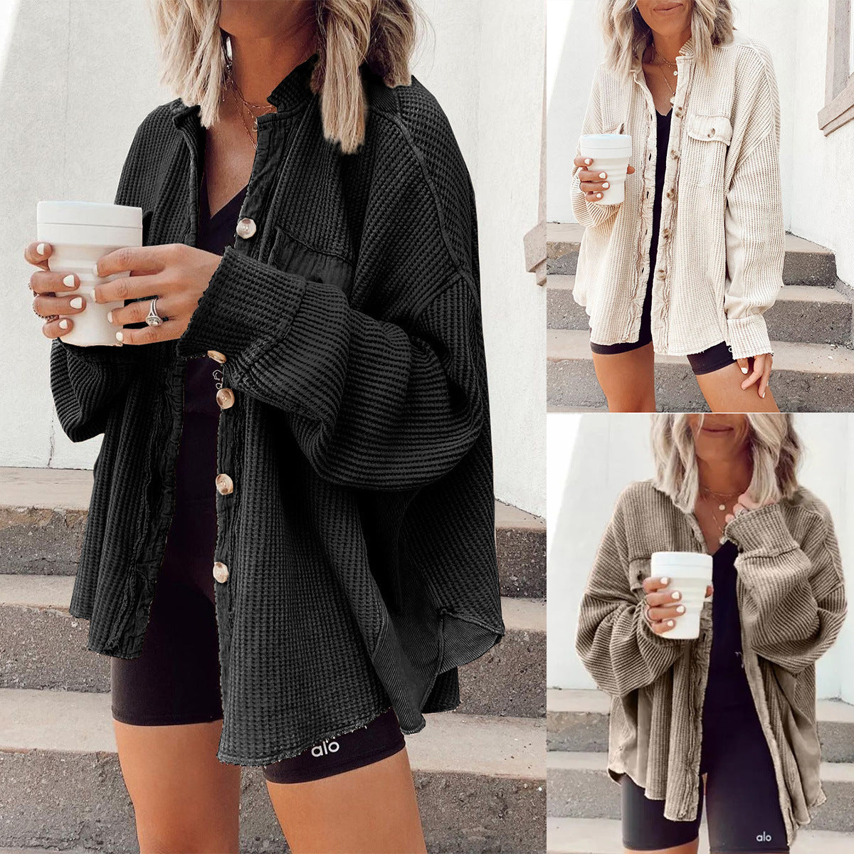Damen Oversized Waffle-Shirtjacke mit Knopfleiste und praktischen Taschen R&B