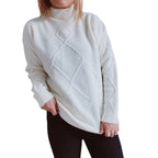 Damen Grobstrickpullover mit elegantem Rautenmuster und hohem Kragen R&B