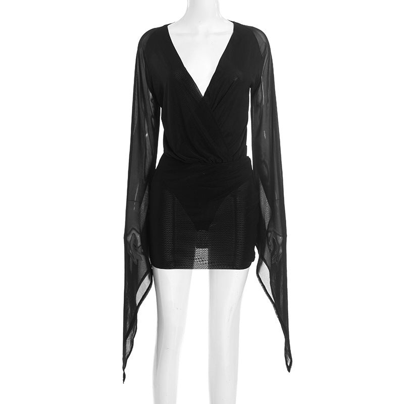 Damen Wickelkleid mit transparenten Ärmeln R&B