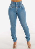 Damen Hochtaillierte Slim Fit Jeans mit dekorativen Knopfdetails R&B