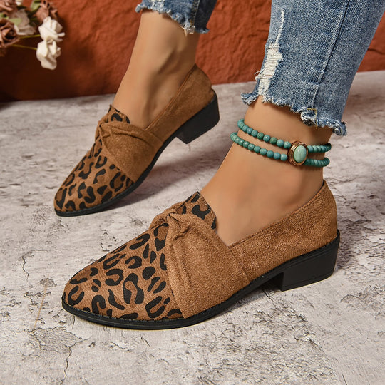 Damen Mokassin-Pantoletten mit modischem Leoparden-Print und dekorativem Schleifen-Detail R&B