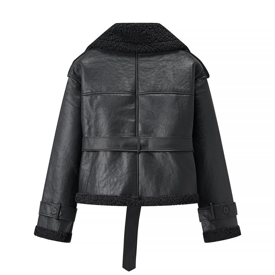 Damen Kunstlederjacke mit Teddy-Futter und taillierbarem Gürtel R&B